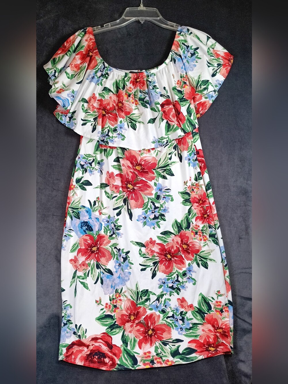 White Floral Off-Shoulder Midi Dress with Red & Blue Flowers